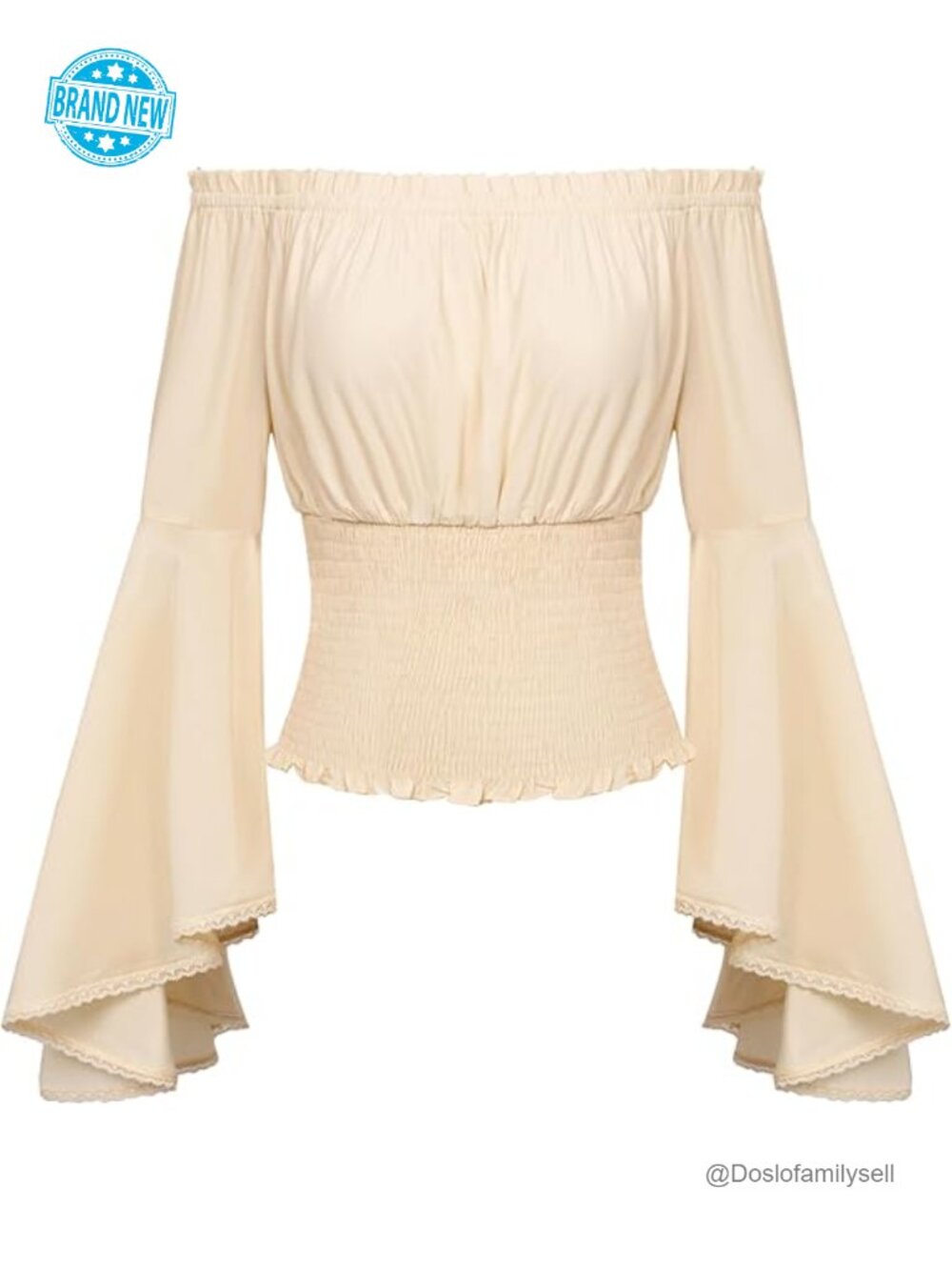 Off Shoulder Bell Sleeve Smocked Peasant Blouse Renaissance Top